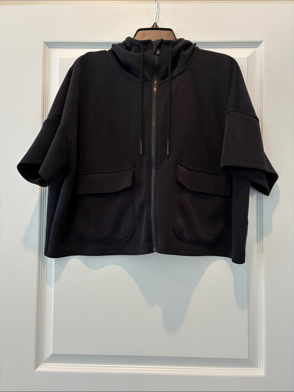 Women's Black Short-Sleeve Hooded Zip Jacket with Front Flap Pockets